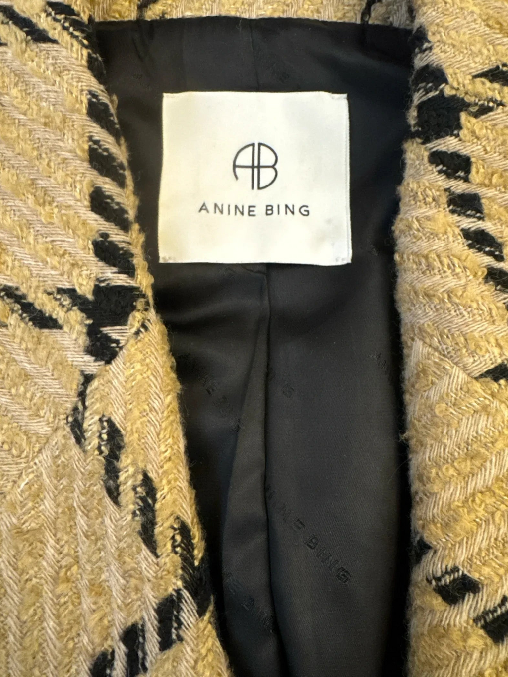 Sustainable Style Studio ANINE BING double-breasted camel blazer with black windowpane check pattern. Textured acrylic, polyester, wool blend.