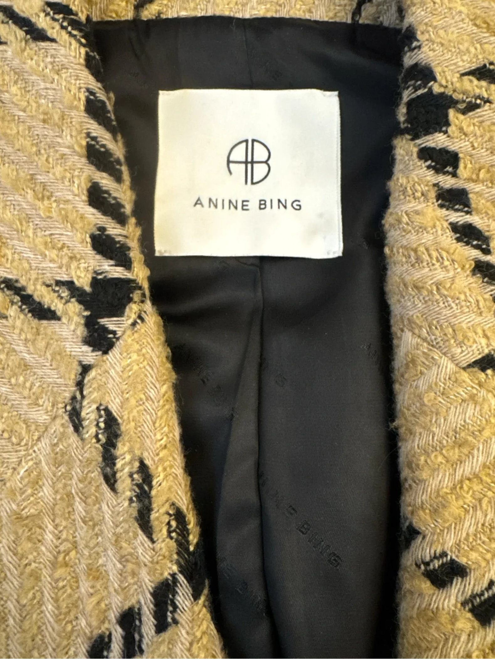 Sustainable Style Studio ANINE BING double-breasted camel blazer with black windowpane check pattern. Textured acrylic, polyester, wool blend.