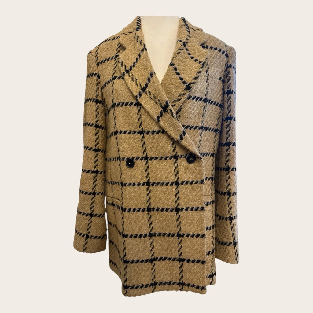 Sustainable Style Studio camel and black windowpane check double-breasted blazer with notched lapel and two-button closure.