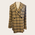 Sustainable Style Studio camel and black windowpane check double-breasted blazer with notched lapel and two-button closure.