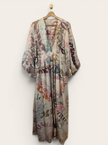 Sustainable Style Studio maxi dress with balloon sleeves, V-neck, and all-over colorful artistic lettering print.